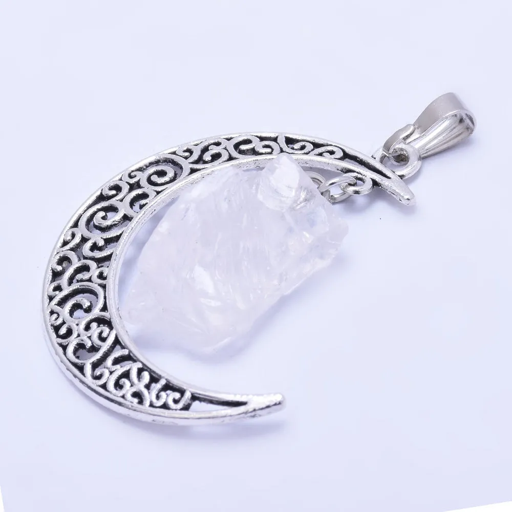 1 White 36mm Hollow Moon Shape Irregular Natural Stone Healing Fashion Jewelry Charm Rose Quartz Crystal High Quality pendant