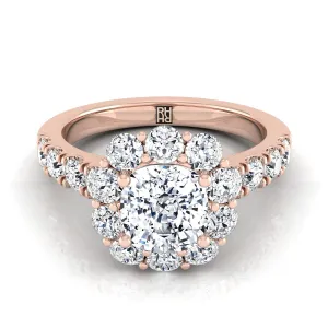 14K Rose Gold Cushion Diamond Luxe Style French Pave Halo Engagement Ring -1-1/10ctw