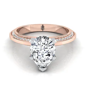 14K Rose Gold Pear Shape Center Diamond Knife Edge Micropave Engagement Ring -1/5ctw