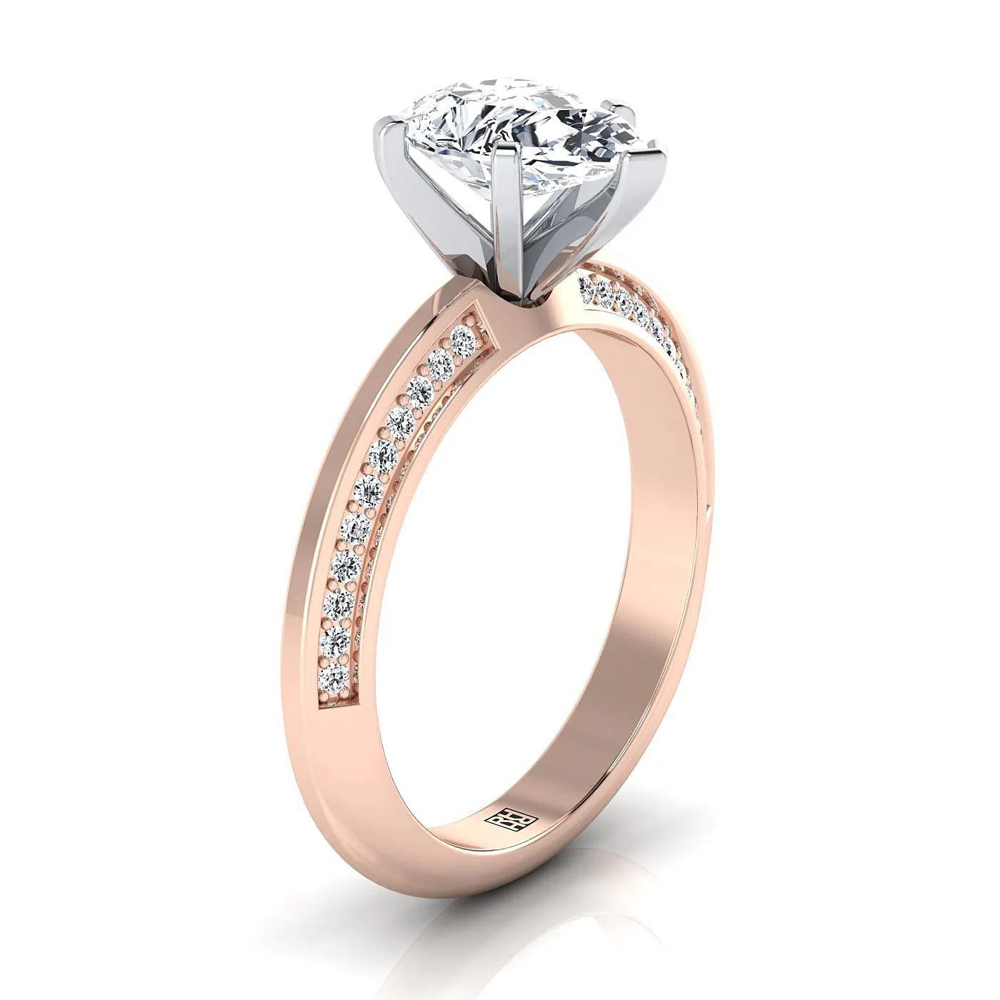 14K Rose Gold Pear Shape Center Diamond Knife Edge Micropave Engagement Ring -1/5ctw