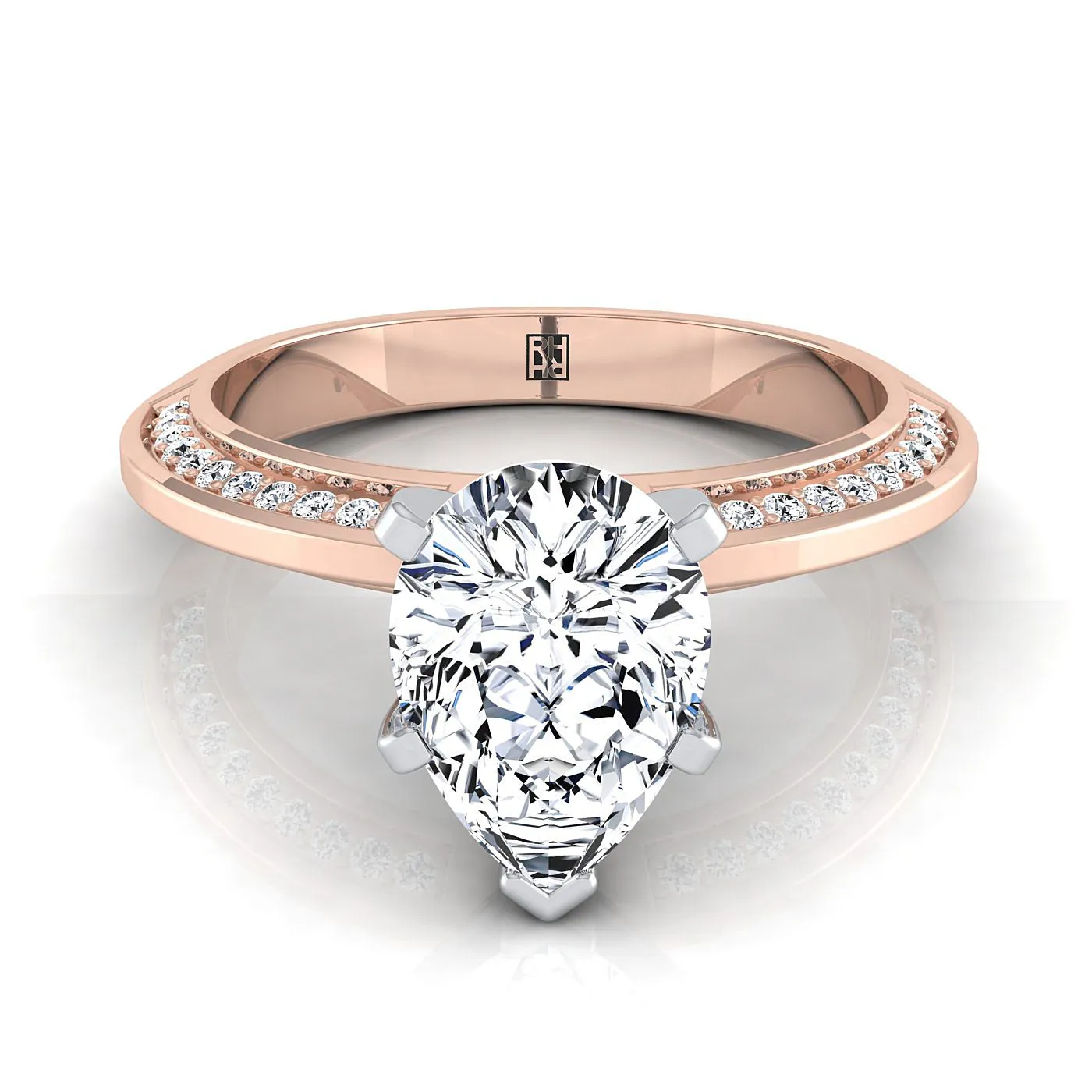 14K Rose Gold Pear Shape Center Diamond Knife Edge Micropave Engagement Ring -1/5ctw