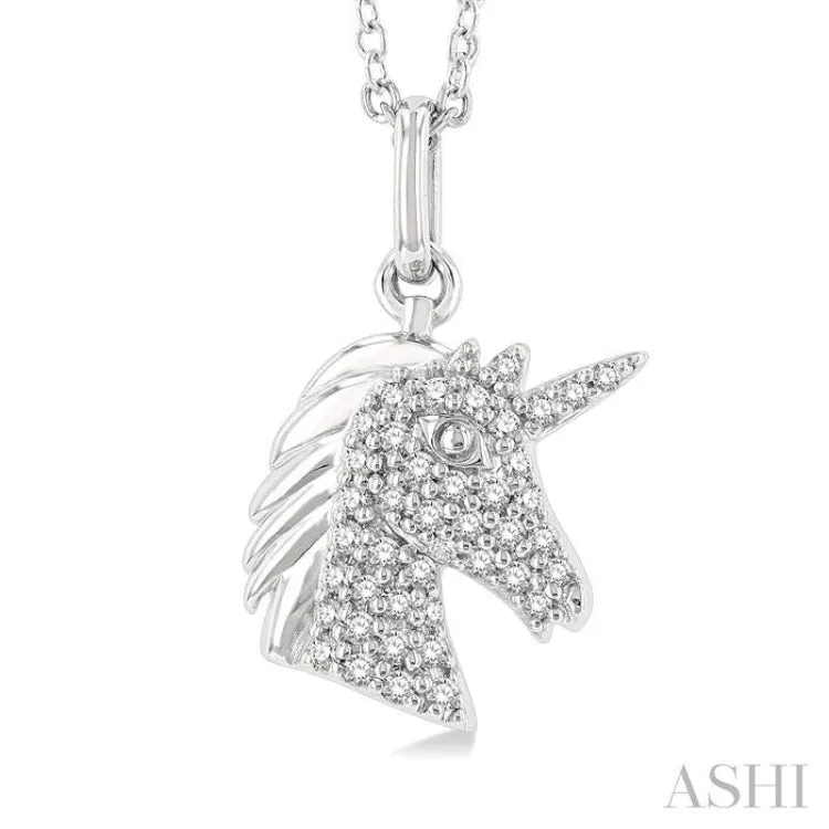 1/6 ctw Petite Unicorn Head Round Cut Diamond Fashion Pendant With Chain in 10K White Gold