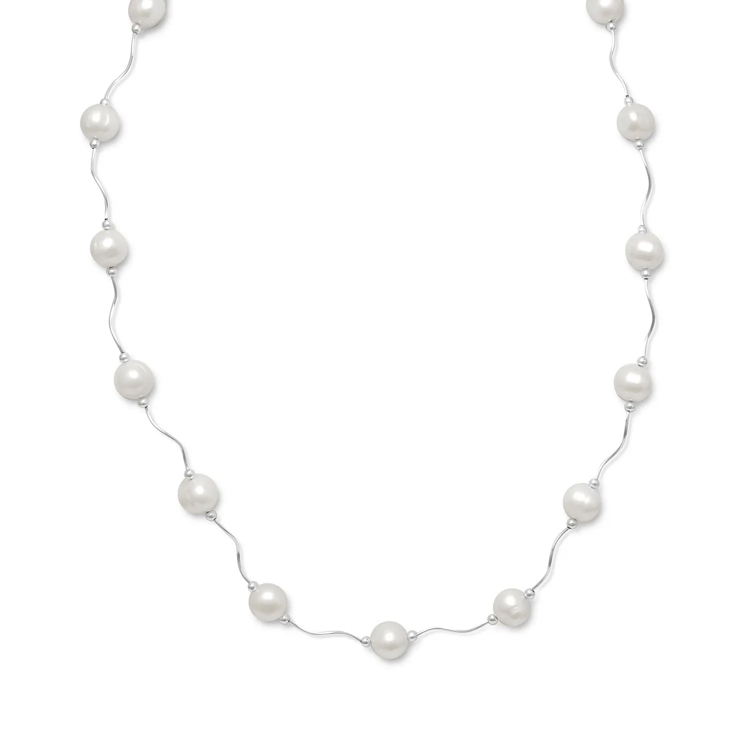 16" 2" Extension Wave Design Necklace with Cultured Freshwater Pearls