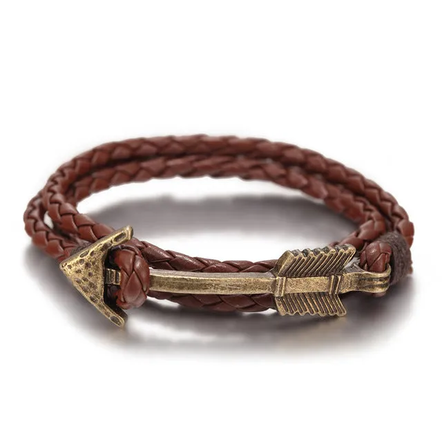 2016 New Arrival Multilayer charm leather Vintage Bronze  Arrow bracelet anchor bracelet for men women lovers' gift