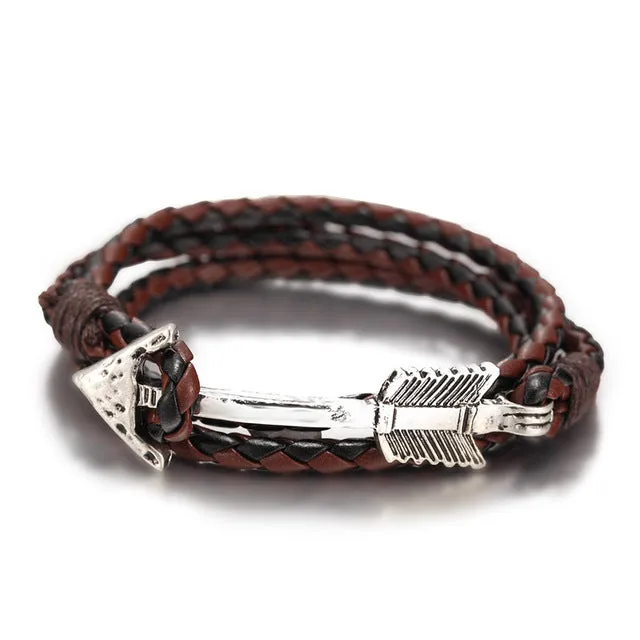 2016 New Arrival Multilayer charm leather Vintage Bronze  Arrow bracelet anchor bracelet for men women lovers' gift