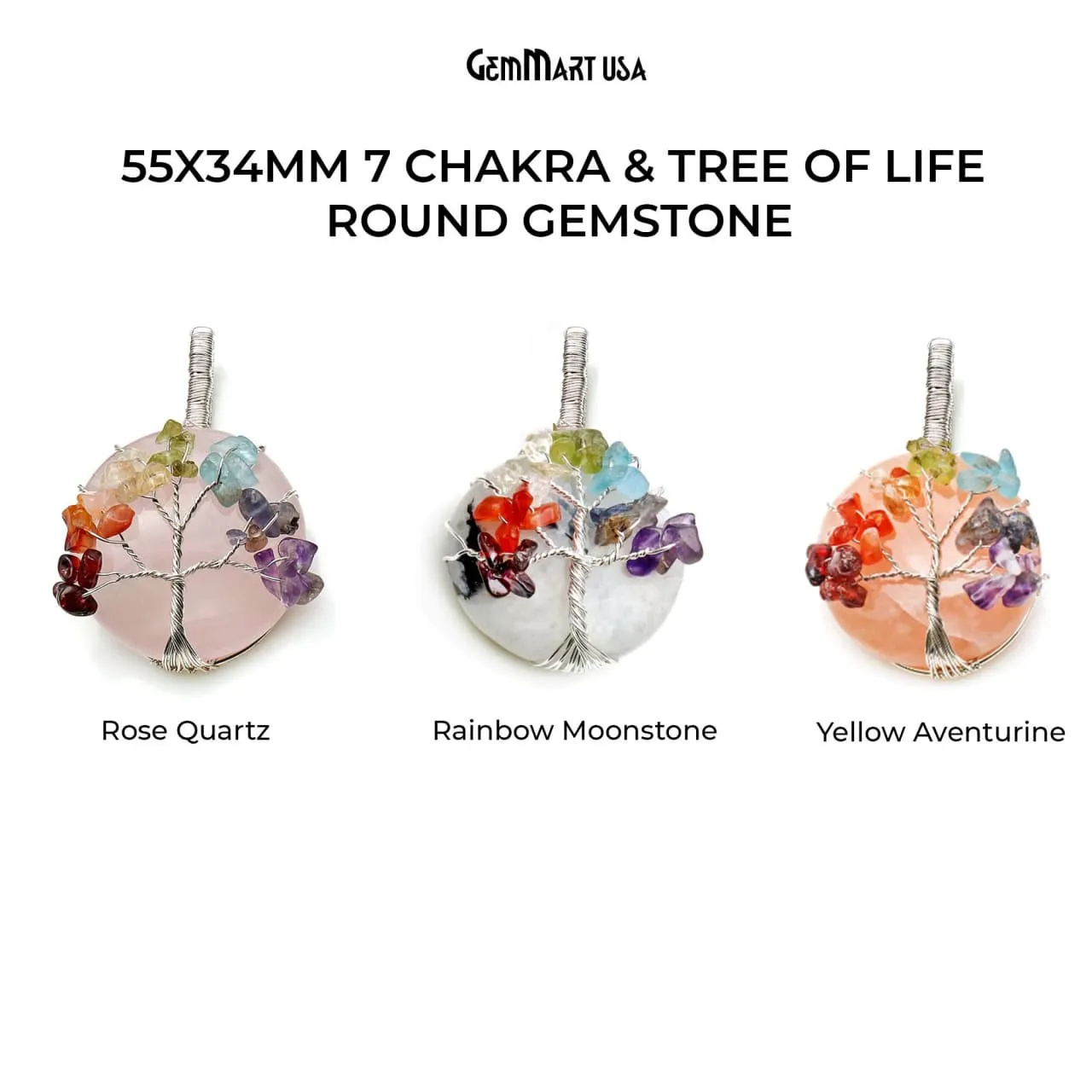 7 Chakra & Tree Of Life Round 55x34mm Silver Wire Wrapped Pendant