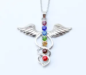 7 Chakra Stones Reiki Healing Crystal Rhinestone  Point Chakra Pendant Tree Of Life Pendant Angel Shape Jewelry Necklace