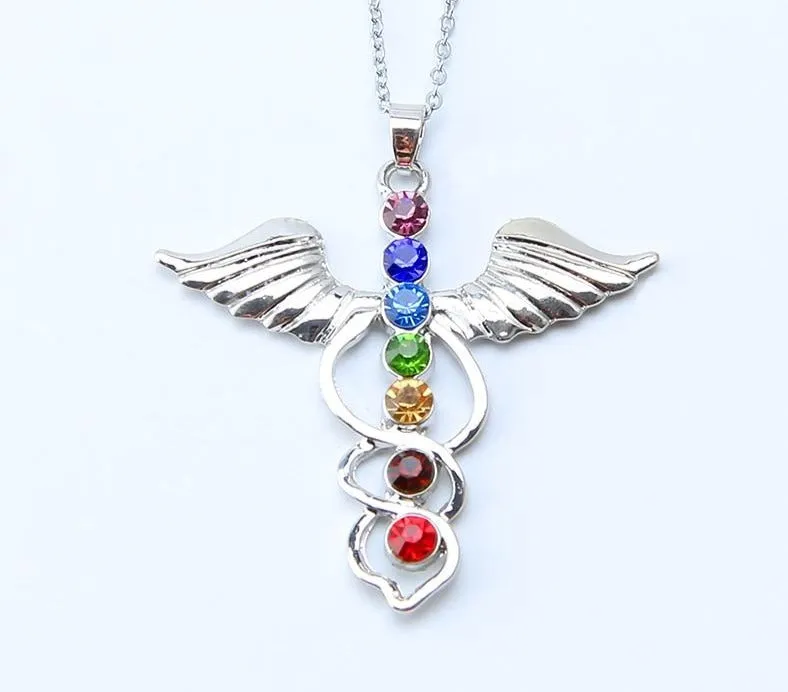 7 Chakra Stones Reiki Healing Crystal Rhinestone  Point Chakra Pendant Tree Of Life Pendant Angel Shape Jewelry Necklace