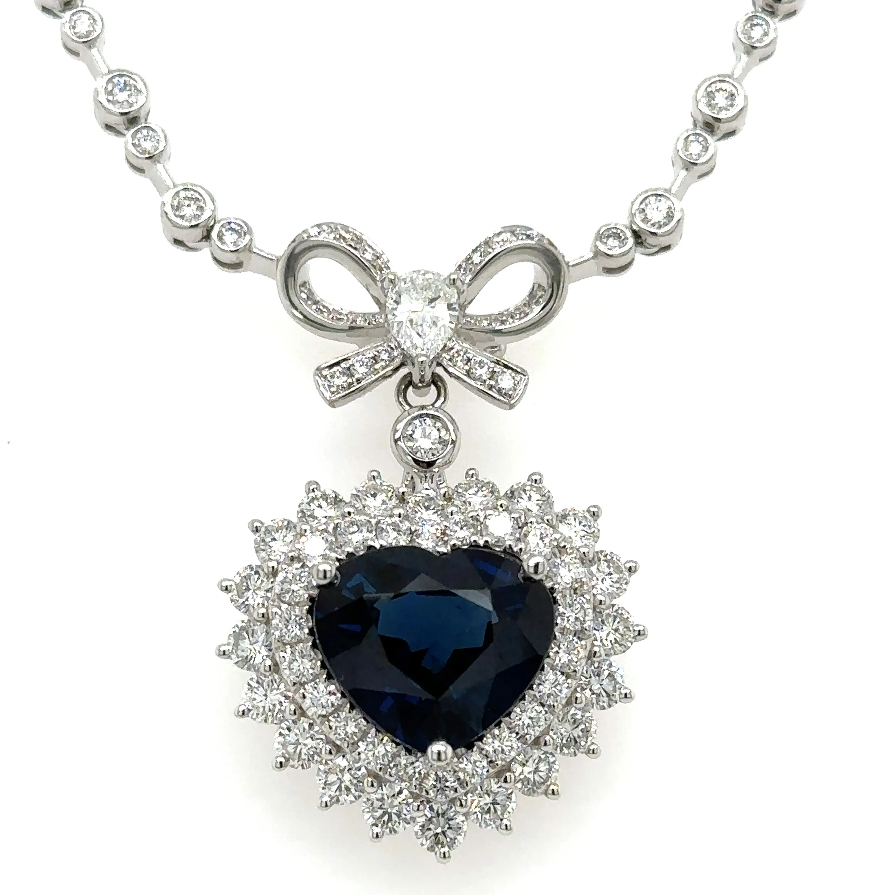 8.56CT TW Royal Blue Sapphire Diamond Heart Solitaire Pendant Statement Necklace