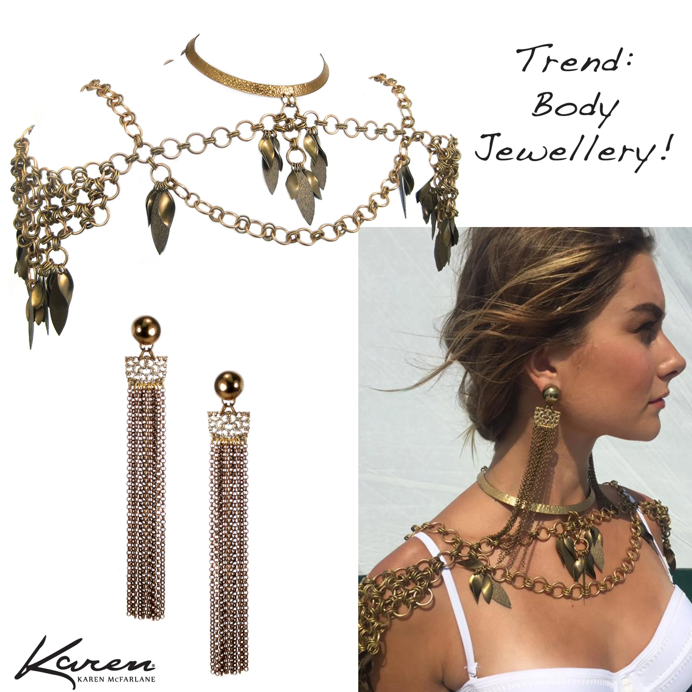 #865e Brass Chain & Gold Tone Fligree Shoulder Duster Earrings