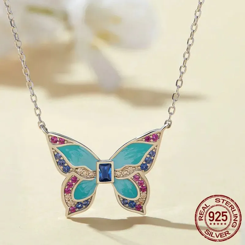 925 Sterling Silver Colorful Butterfly Pendant Necklace Insect Neck Chain for Women Birthday Gift Fine Jewelry