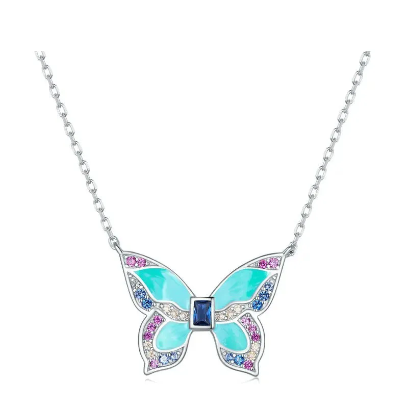 925 Sterling Silver Colorful Butterfly Pendant Necklace Insect Neck Chain for Women Birthday Gift Fine Jewelry