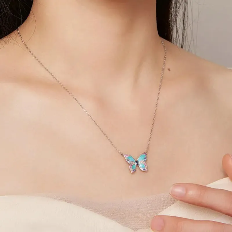 925 Sterling Silver Colorful Butterfly Pendant Necklace Insect Neck Chain for Women Birthday Gift Fine Jewelry