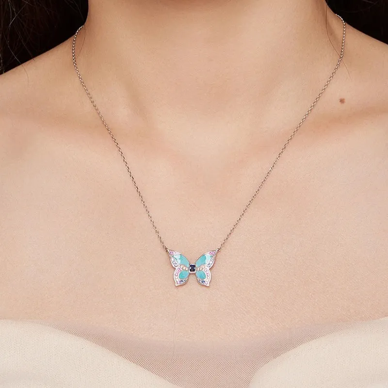 925 Sterling Silver Colorful Butterfly Pendant Necklace Insect Neck Chain for Women Birthday Gift Fine Jewelry