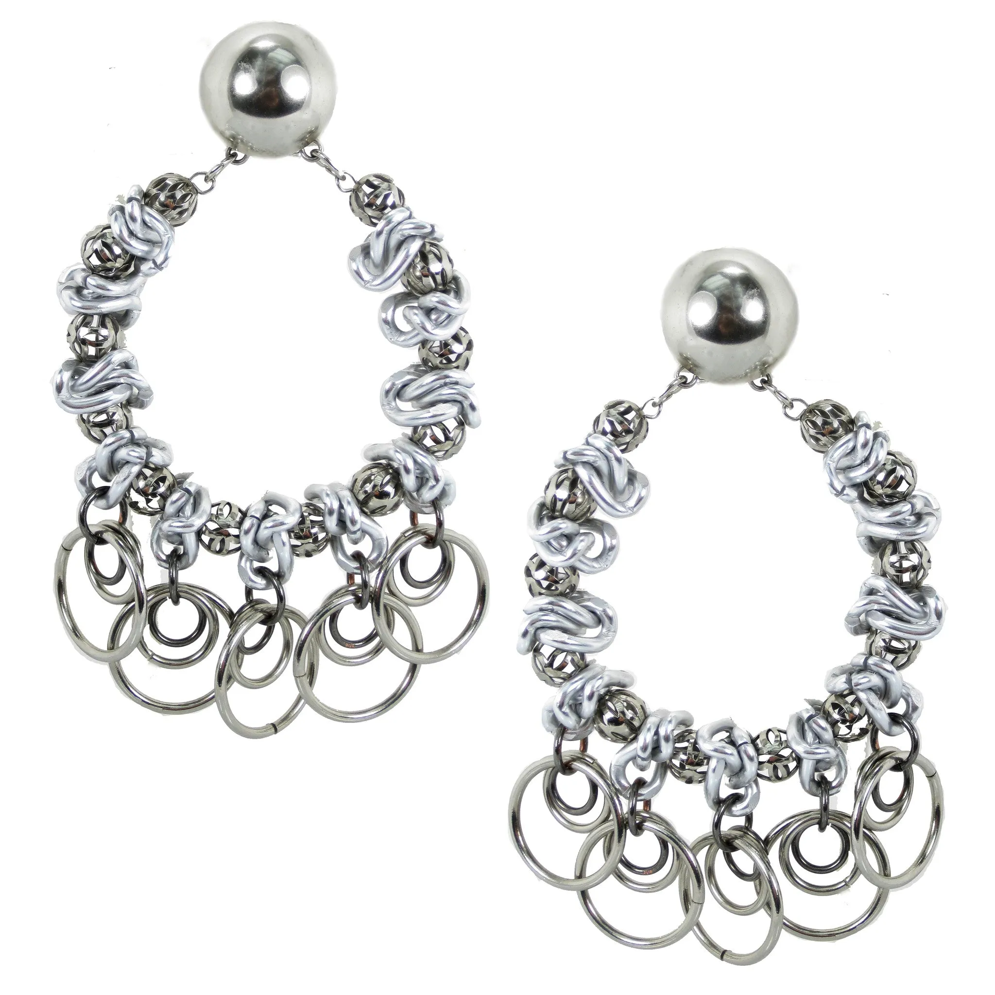 #996e Silver Tone Deconstructed Chain & Ring Hoop Earrings