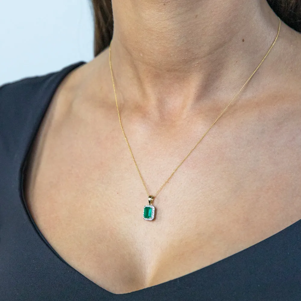 9ct Yellow Gold Natural Emerald 7x5mm and Diamond Pendant with 45cm Chain