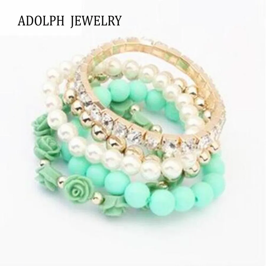 ADOLPH Jewelry 6 Colors  2014 New Fashion Crystal With Beads Flower Charm Bracelets Bangles for Women Ladies Gift