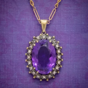 Antique French 20Ct Amethyst Diamond Pendant Necklace 18Ct Gold Silver Circa 1900