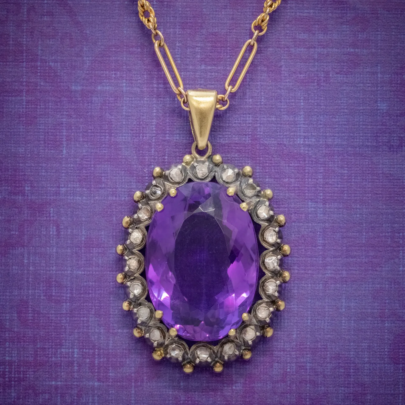 Antique French 20Ct Amethyst Diamond Pendant Necklace 18Ct Gold Silver Circa 1900