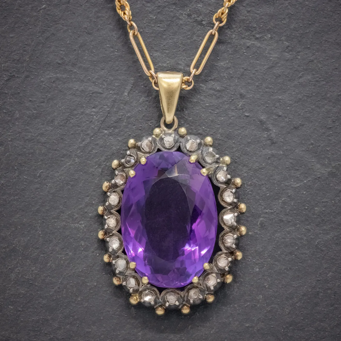 Antique French 20Ct Amethyst Diamond Pendant Necklace 18Ct Gold Silver Circa 1900