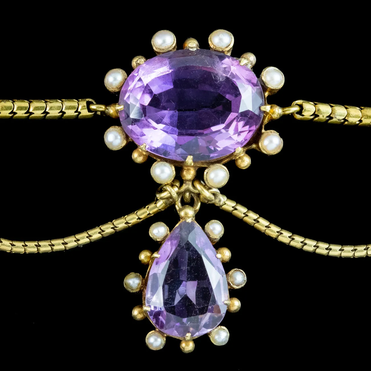 Antique Victorian Amethyst Pearl Festoon Necklace 18ct Gold