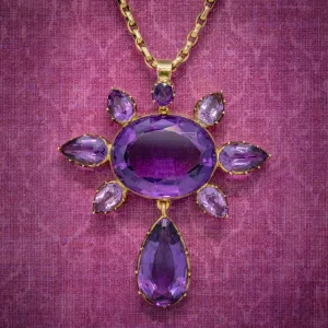 Antique Victorian Amethyst Pendant Necklace 15Ct Gold Chain Circa 1900