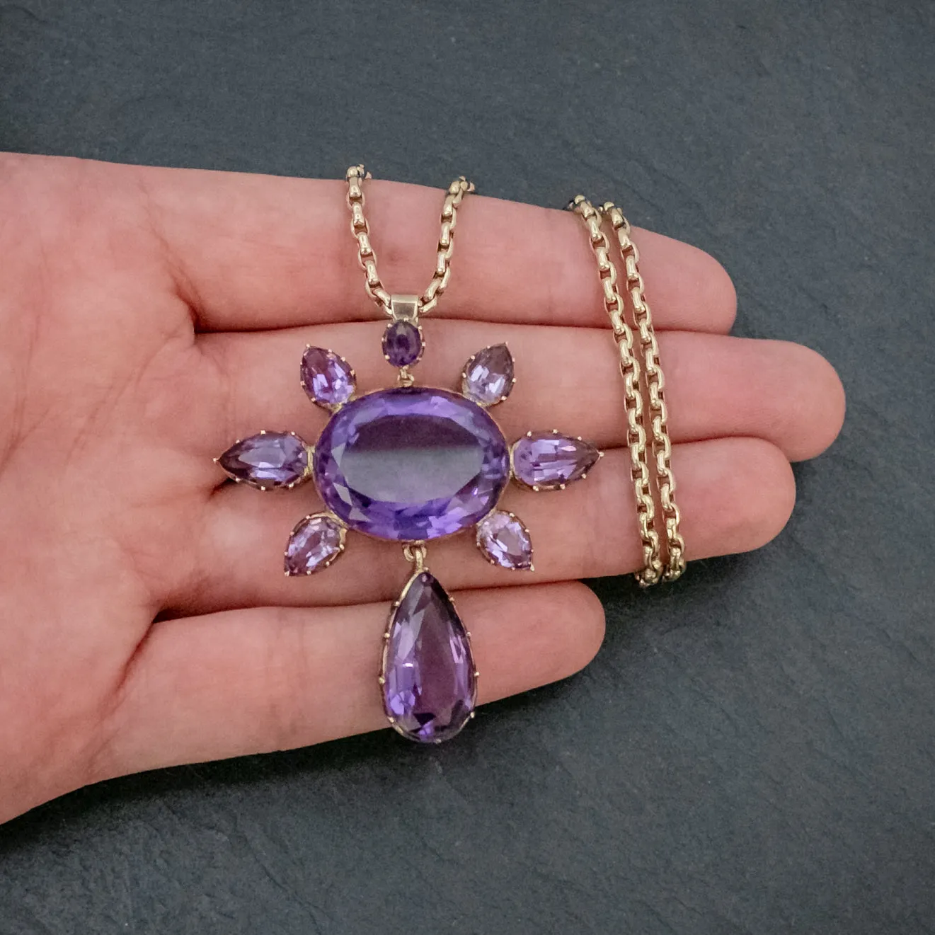 Antique Victorian Amethyst Pendant Necklace 15Ct Gold Chain Circa 1900