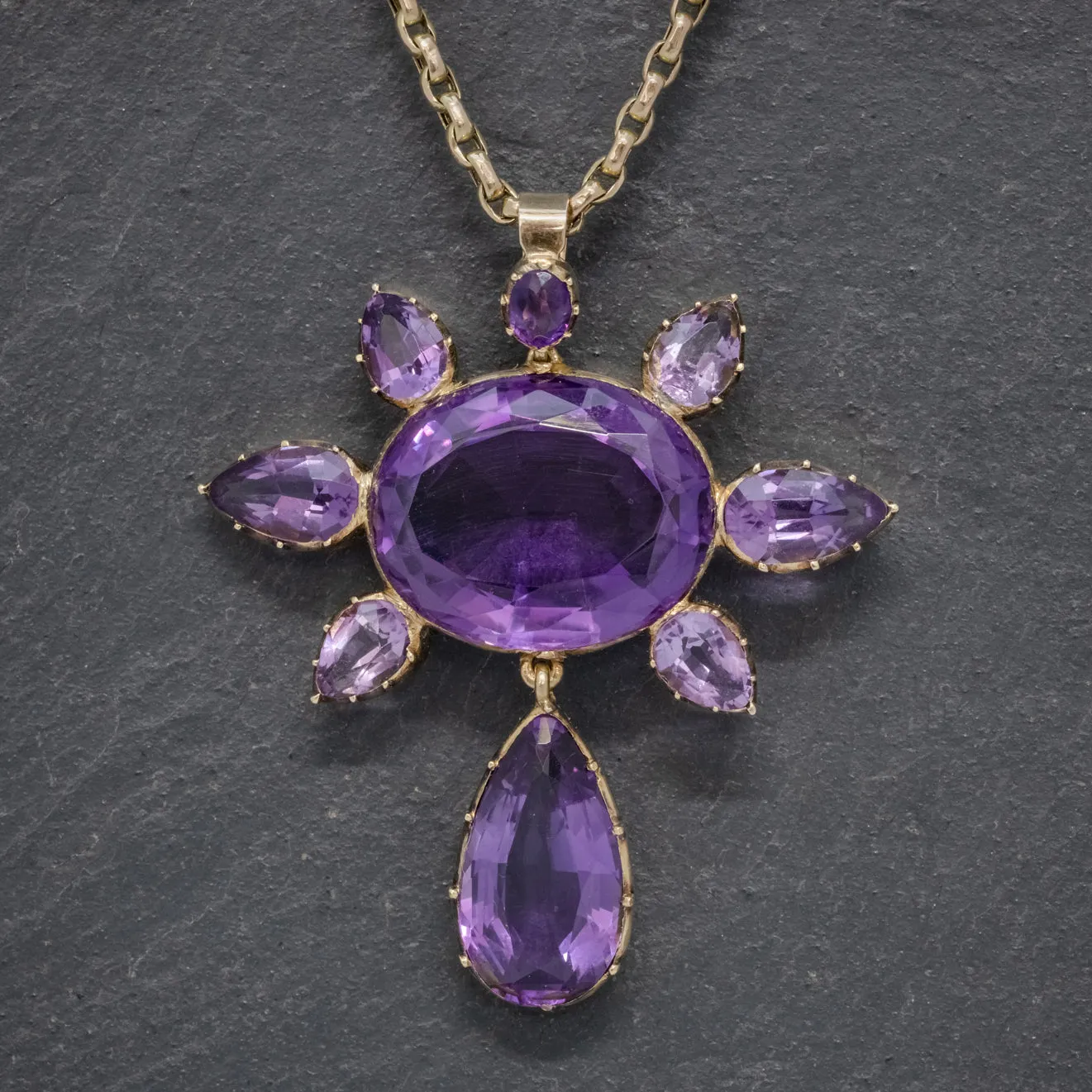 Antique Victorian Amethyst Pendant Necklace 15Ct Gold Chain Circa 1900