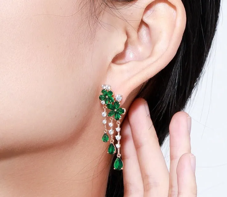 Caibao series spring-filled green flower tassel earrings for women, smart fairy, high-end retro temperament