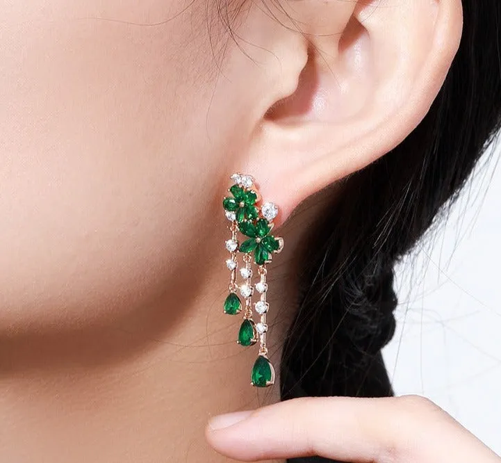 Caibao series spring-filled green flower tassel earrings for women, smart fairy, high-end retro temperament