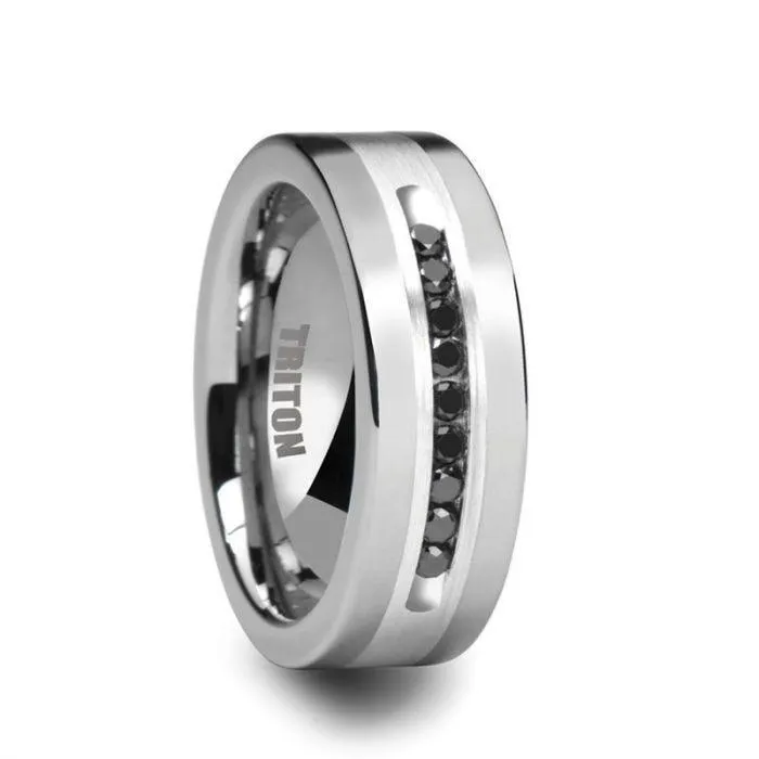 CALVIN Flat Tungsten Wedding Band with Black Diamonds in Silver Inlay by Triton Rings - 8mm