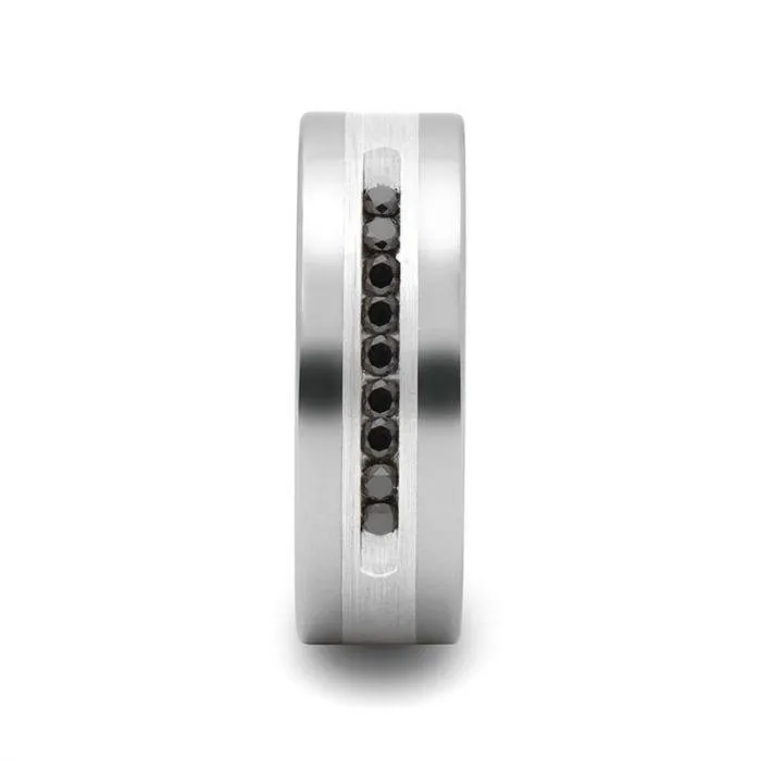 CALVIN Flat Tungsten Wedding Band with Black Diamonds in Silver Inlay by Triton Rings - 8mm