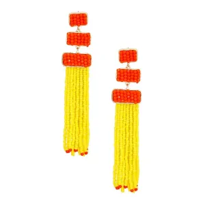 Chic Gold Rectangle & Orange Beaded Earrings - Yellow Tassel Drop