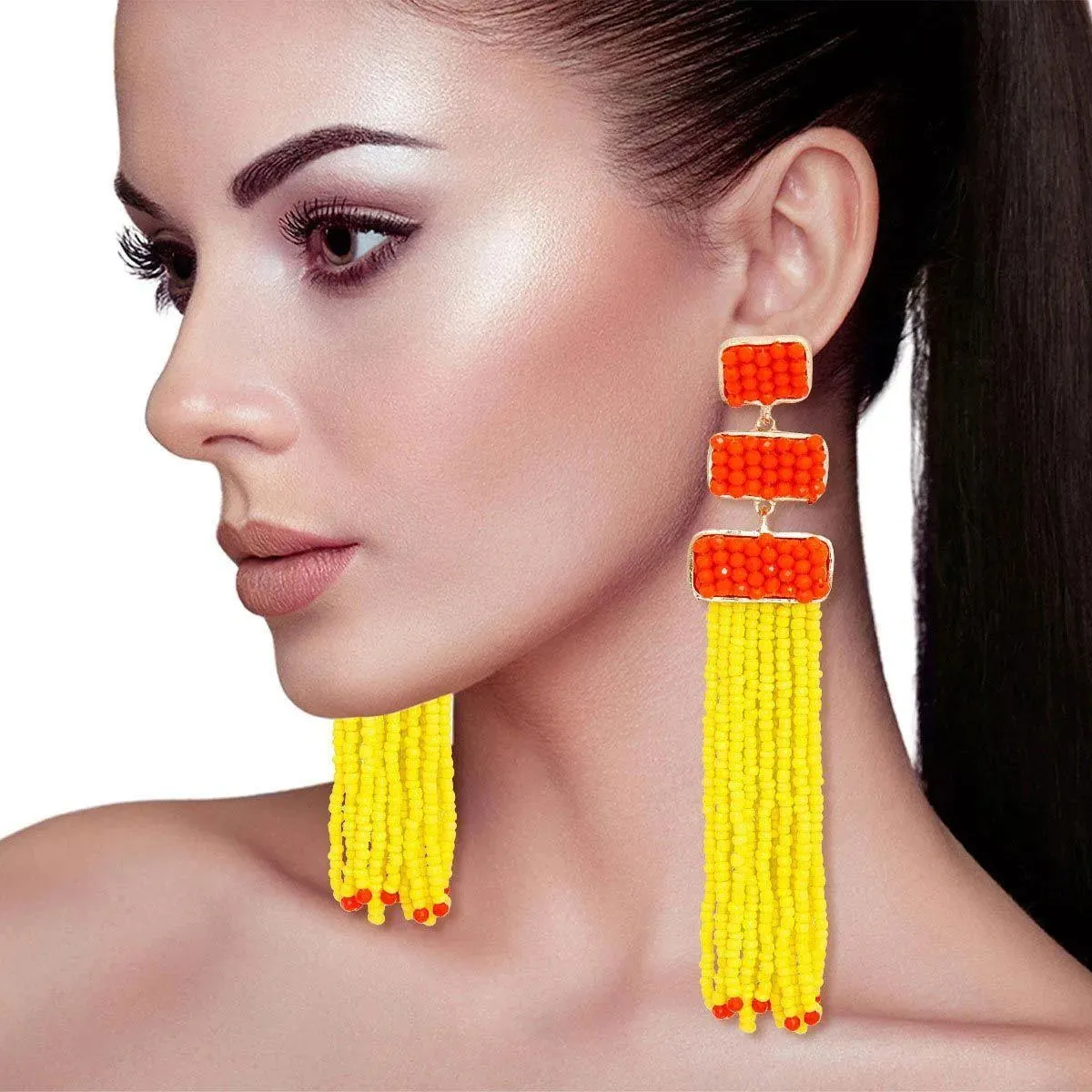 Chic Gold Rectangle & Orange Beaded Earrings - Yellow Tassel Drop