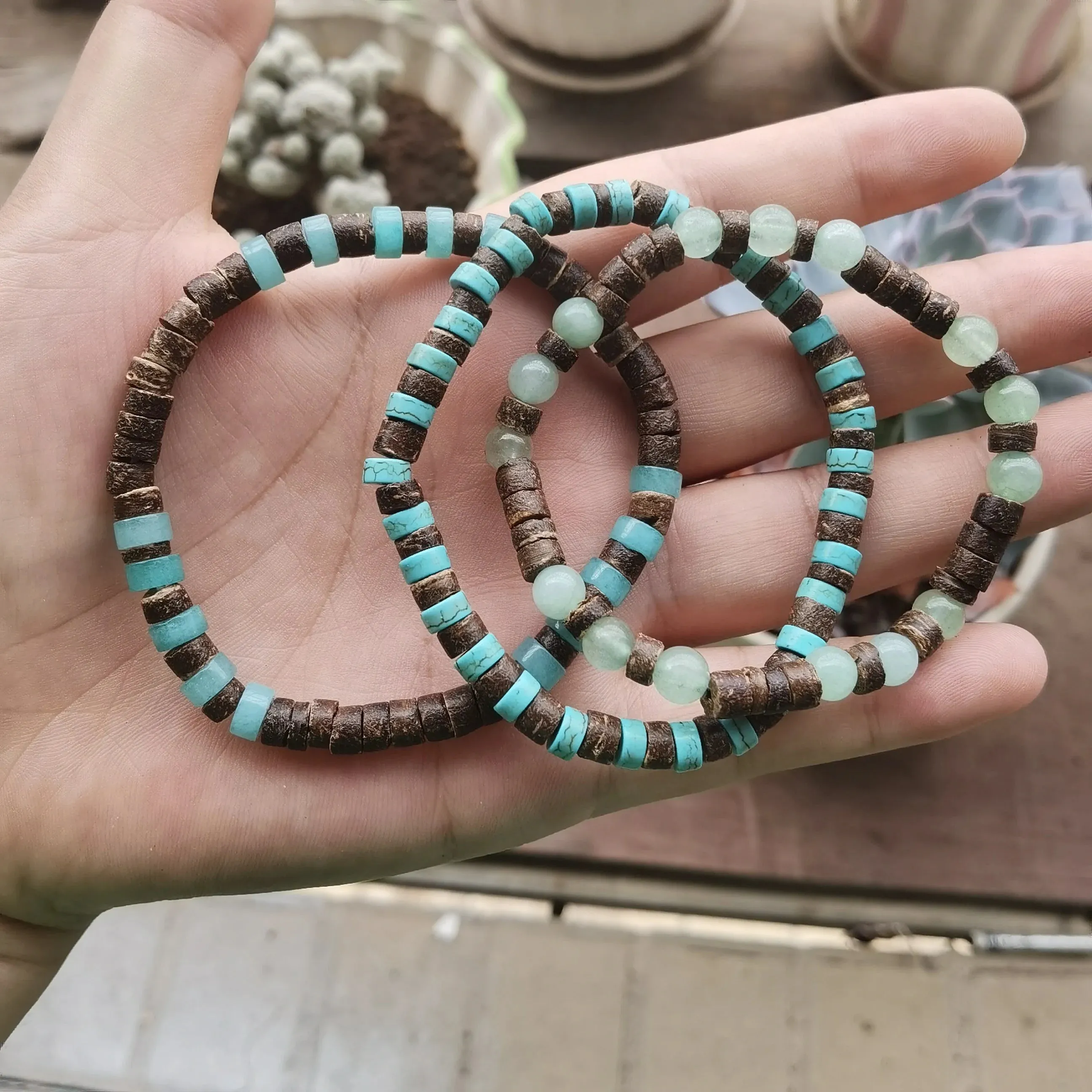 Coconut Wood Beaded Bracelet, Bead Bracelets for Men and Women, Stacking Wooden Stretch Bracelets