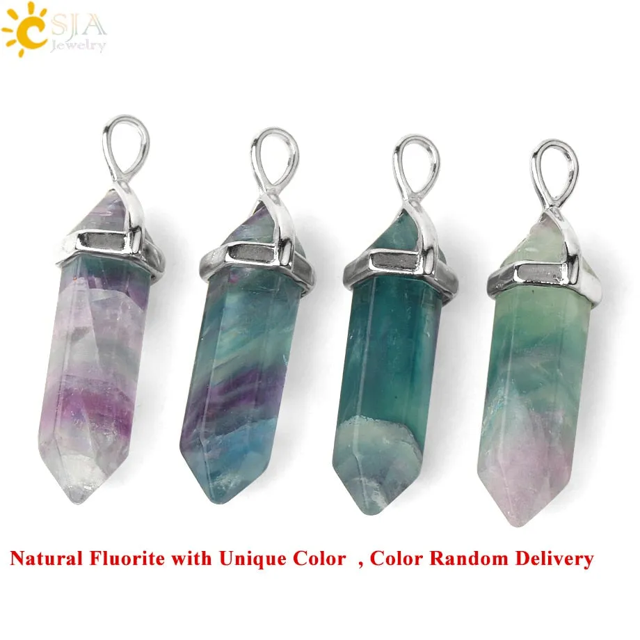 CSJA Natural Fluorite Necklace Pendants Gem Stone Crystal Necklaces Bullet Healing Suspension for Women Men Reiki Jewelry G548