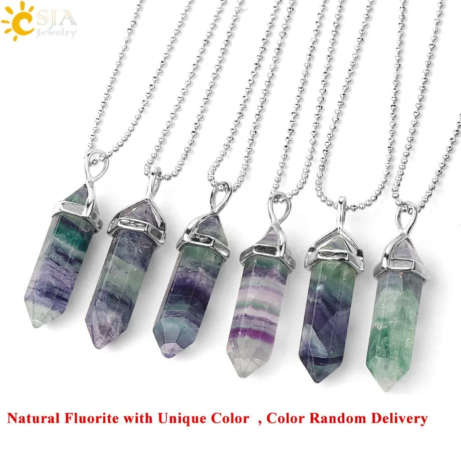 CSJA Natural Fluorite Necklace Pendants Gem Stone Crystal Necklaces Bullet Healing Suspension for Women Men Reiki Jewelry G548