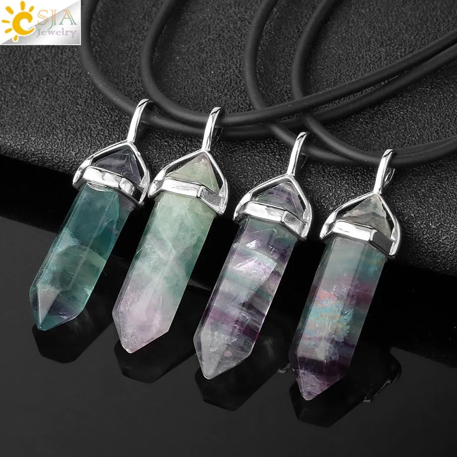 CSJA Natural Fluorite Necklace Pendants Gem Stone Crystal Necklaces Bullet Healing Suspension for Women Men Reiki Jewelry G548