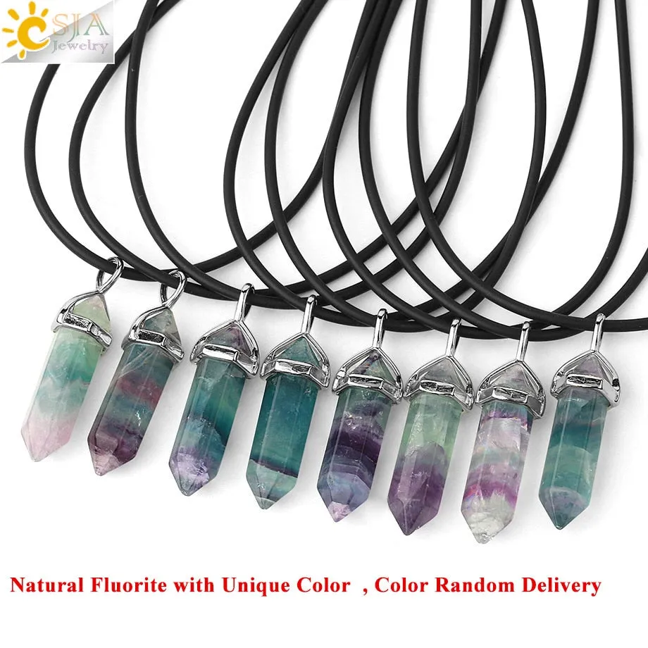 CSJA Natural Fluorite Necklace Pendants Gem Stone Crystal Necklaces Bullet Healing Suspension for Women Men Reiki Jewelry G548