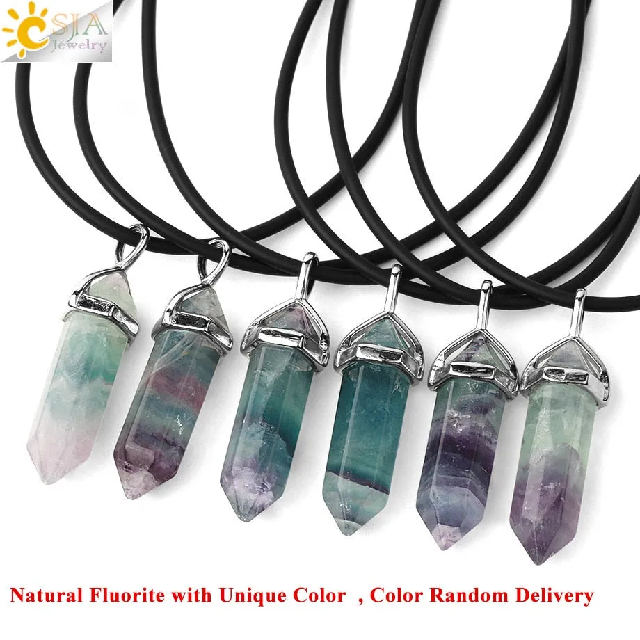 CSJA Natural Fluorite Necklace Pendants Gem Stone Crystal Necklaces Bullet Healing Suspension for Women Men Reiki Jewelry G548