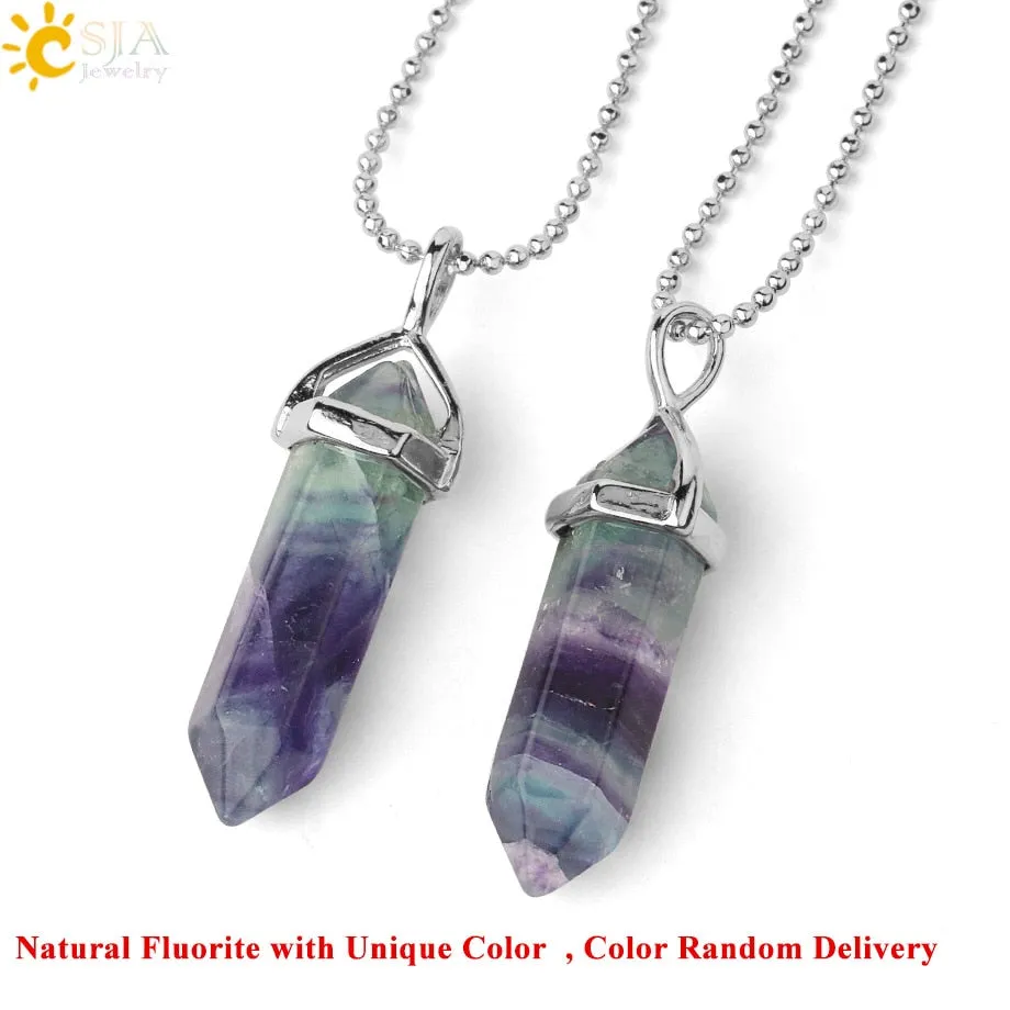 CSJA Natural Fluorite Necklace Pendants Gem Stone Crystal Necklaces Bullet Healing Suspension for Women Men Reiki Jewelry G548