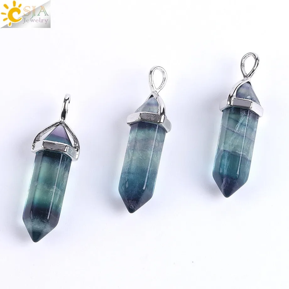 CSJA Natural Fluorite Necklace Pendants Gem Stone Crystal Necklaces Bullet Healing Suspension for Women Men Reiki Jewelry G548