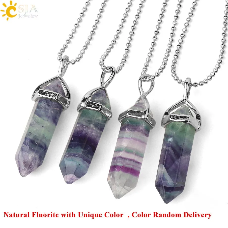 CSJA Natural Fluorite Necklace Pendants Gem Stone Crystal Necklaces Bullet Healing Suspension for Women Men Reiki Jewelry G548