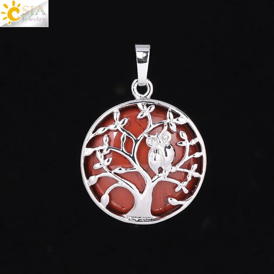 CSJA Tree of Life Pendant Necklace Natural Stone Flat Bead Owl on Trees Crystal Beads Pendants Handmade Reiki Charm Jewelry F337