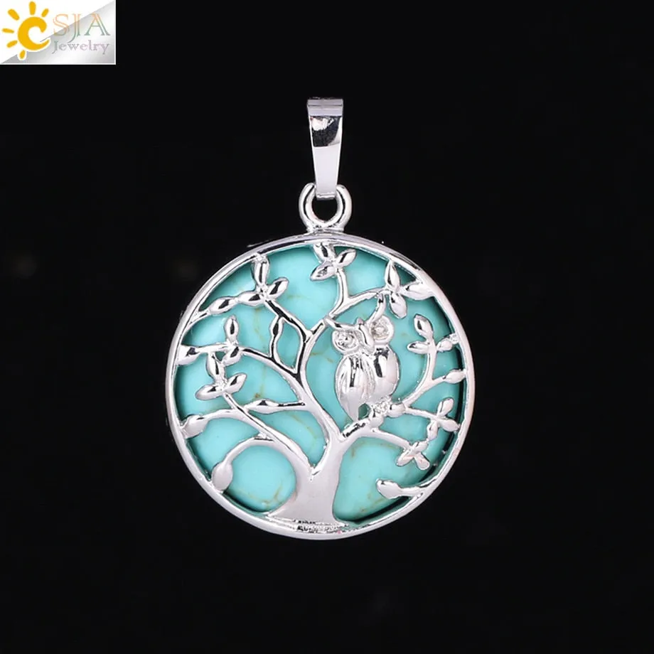 CSJA Tree of Life Pendant Necklace Natural Stone Flat Bead Owl on Trees Crystal Beads Pendants Handmade Reiki Charm Jewelry F337