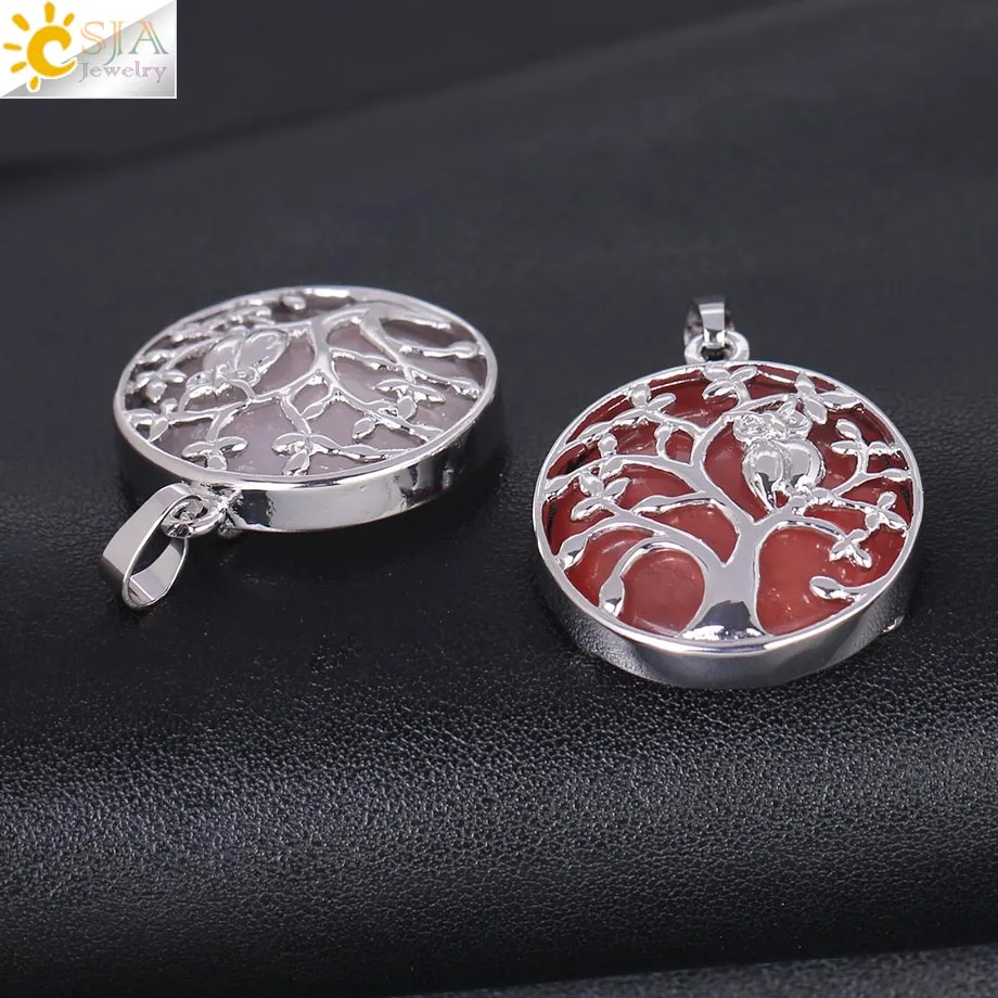 CSJA Tree of Life Pendant Necklace Natural Stone Flat Bead Owl on Trees Crystal Beads Pendants Handmade Reiki Charm Jewelry F337