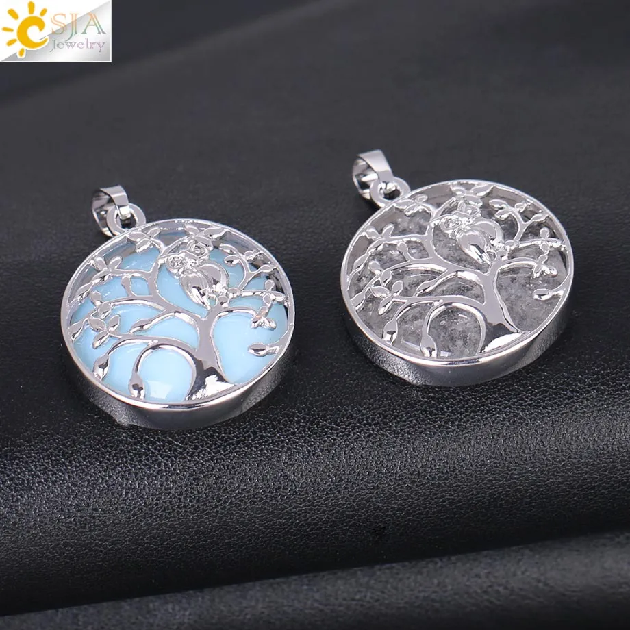 CSJA Tree of Life Pendant Necklace Natural Stone Flat Bead Owl on Trees Crystal Beads Pendants Handmade Reiki Charm Jewelry F337