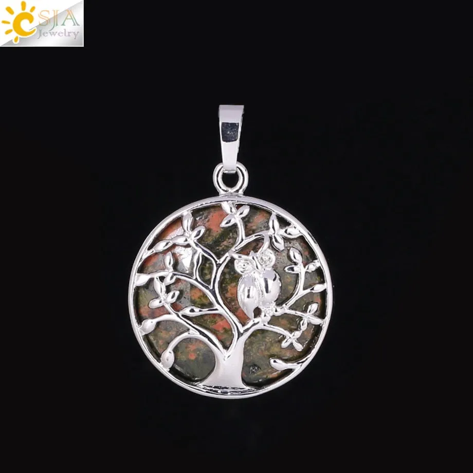 CSJA Tree of Life Pendant Necklace Natural Stone Flat Bead Owl on Trees Crystal Beads Pendants Handmade Reiki Charm Jewelry F337