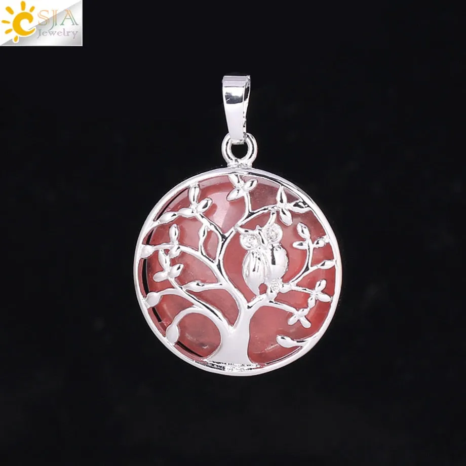 CSJA Tree of Life Pendant Necklace Natural Stone Flat Bead Owl on Trees Crystal Beads Pendants Handmade Reiki Charm Jewelry F337