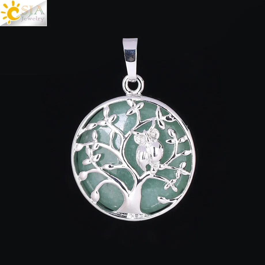 CSJA Tree of Life Pendant Necklace Natural Stone Flat Bead Owl on Trees Crystal Beads Pendants Handmade Reiki Charm Jewelry F337